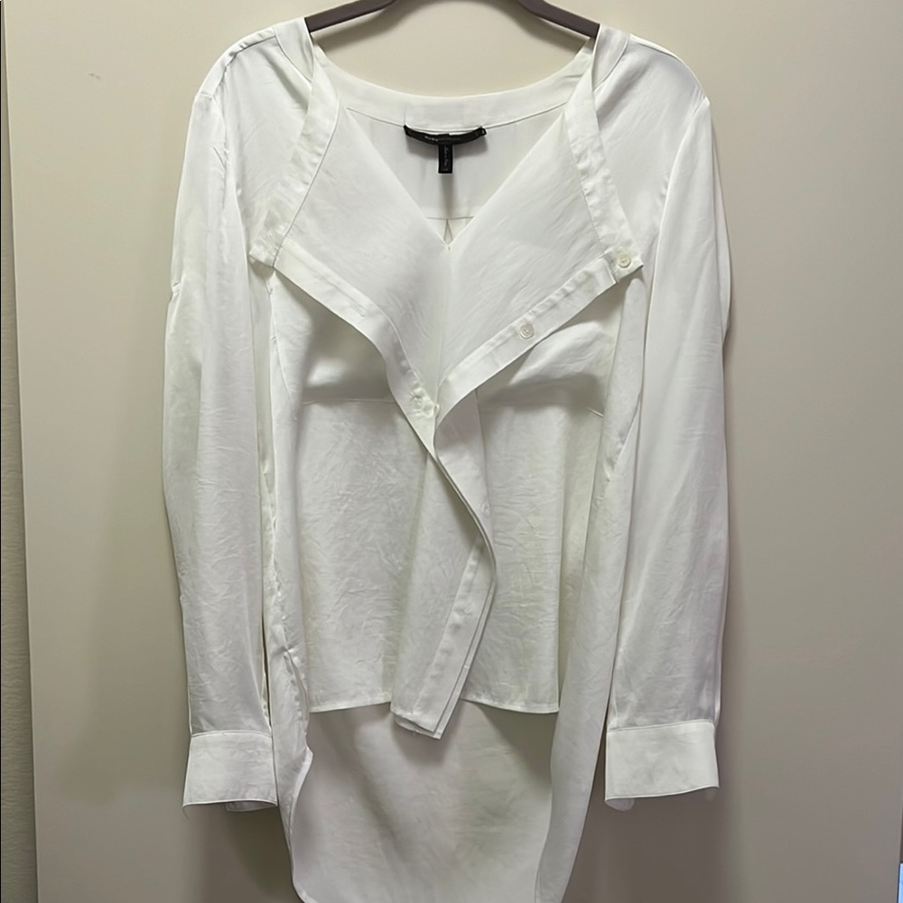 BCBGMaxAzria White Asymmetrical Waterfall Long Sleeve Blouse